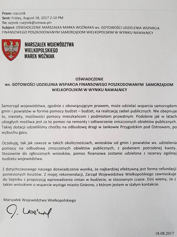 Wniosek Klubu Radnych SLD-UP w sprawie pomocy poszkodowanym gminom.